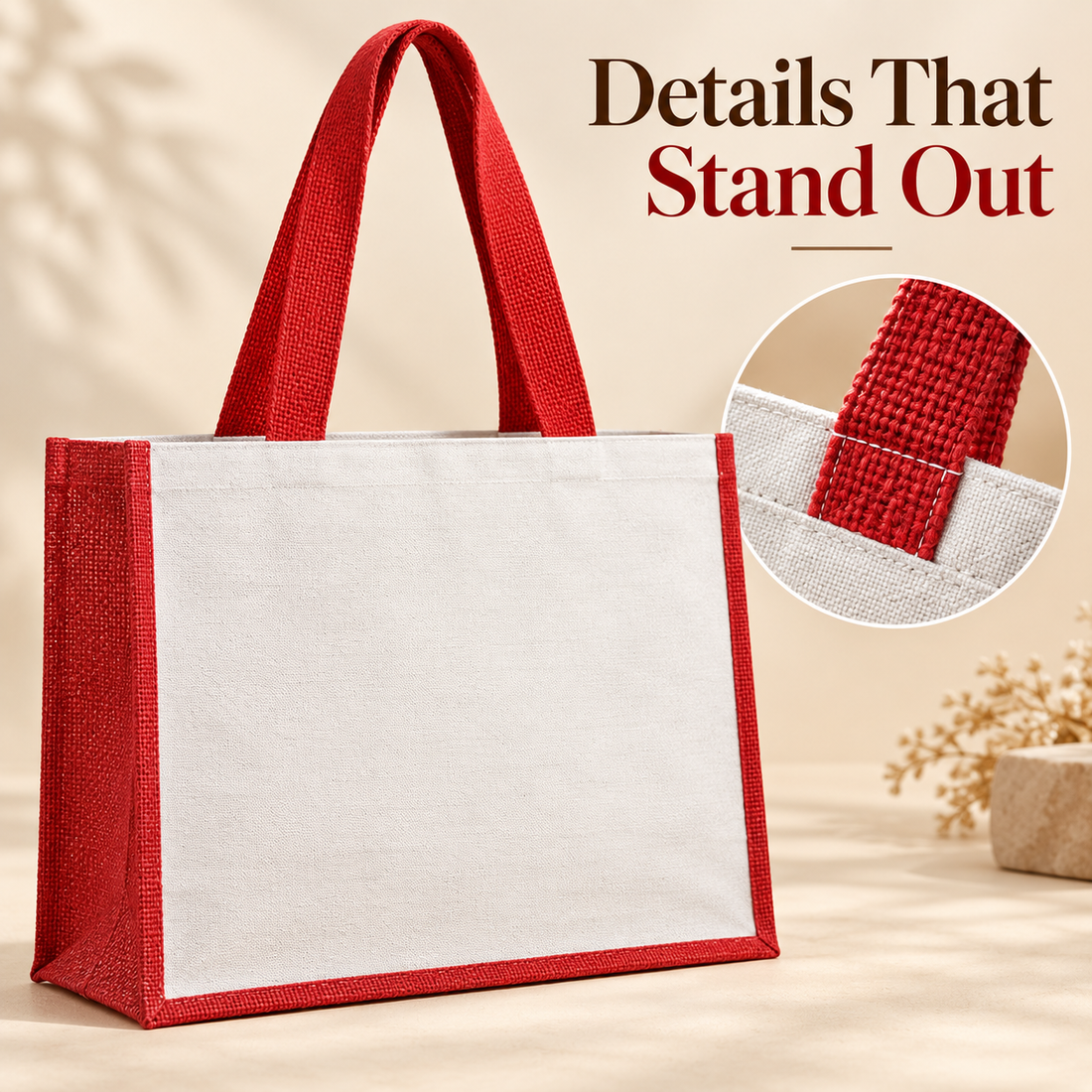 Plain 16x13x6 Red Laminated Jute & Canvas Hamper Bag