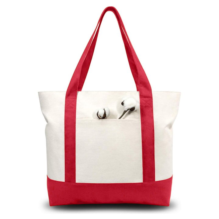 Red and White Large Canvas Tote Bag | (19" x 15" x 6")