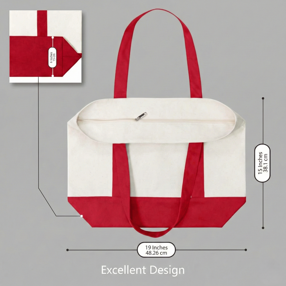 Red and Beige Large Canvas Tote Bag | 19" x 15" x 6"