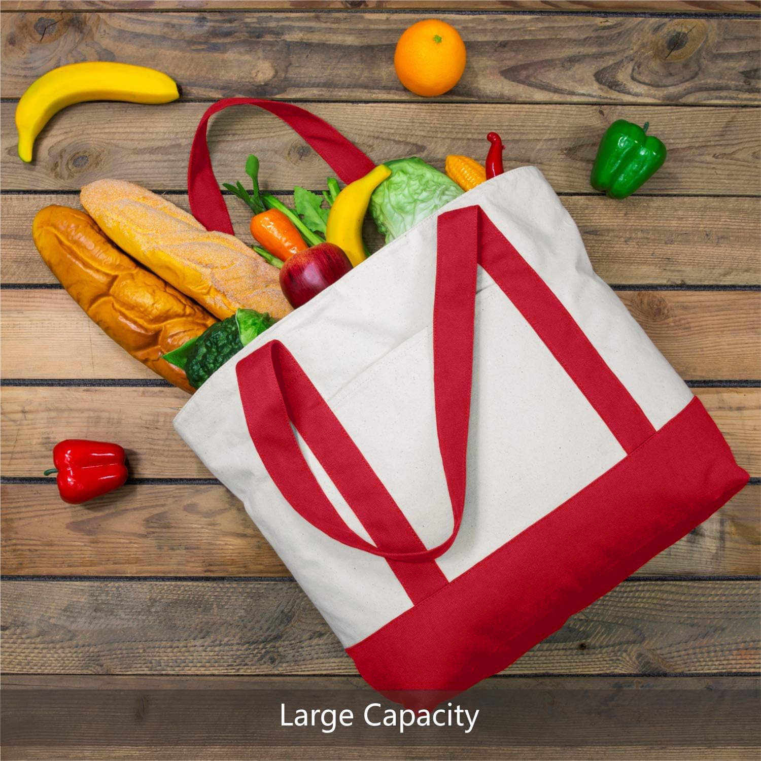 Red and White Large Canvas Tote Bag | (19" x 15" x 6")