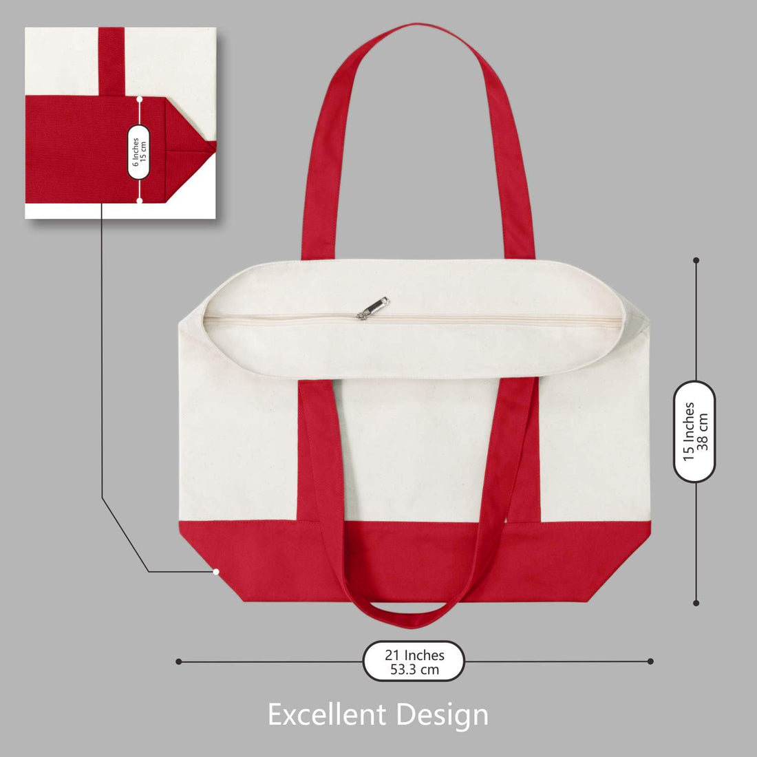 Red and White Large Canvas Tote Bag | (19" x 15" x 6")