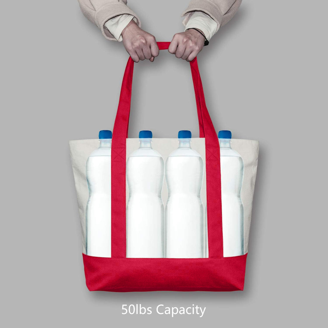 Red and White Large Canvas Tote Bag | (19" x 15" x 6")