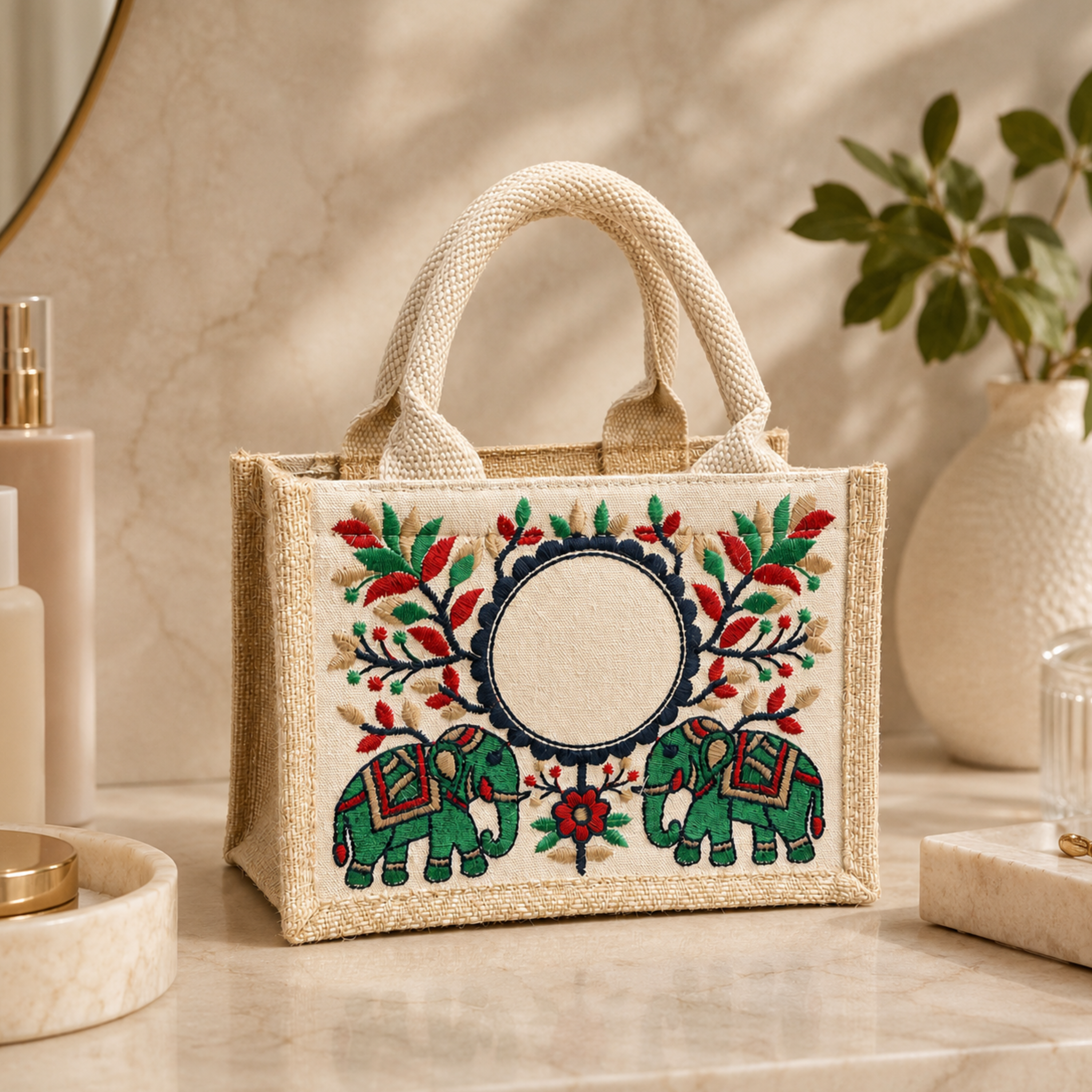 Royal Elephant embroidered hamper bag with zipper closure