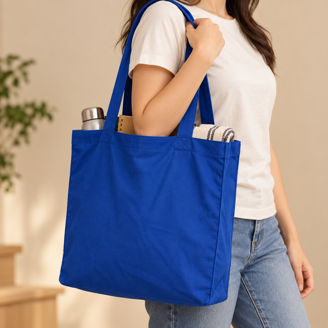 Plain 13x15.5x4.5 Navy Blue Gusseted Cotton Tote Bag | 150 GSM
