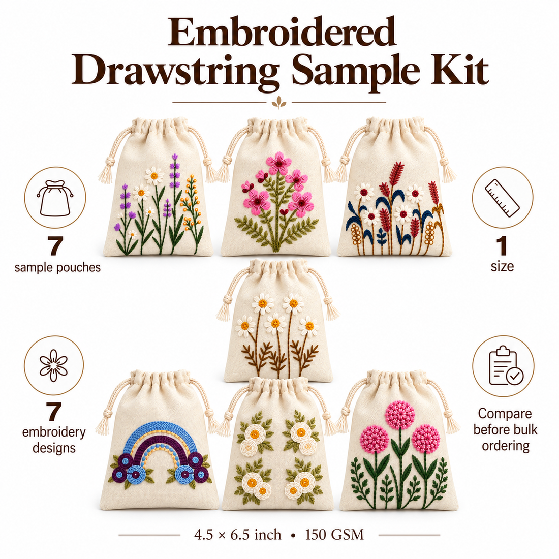 Embroidered Drawstring Pouch Sample Kit-2 | 150 GSM