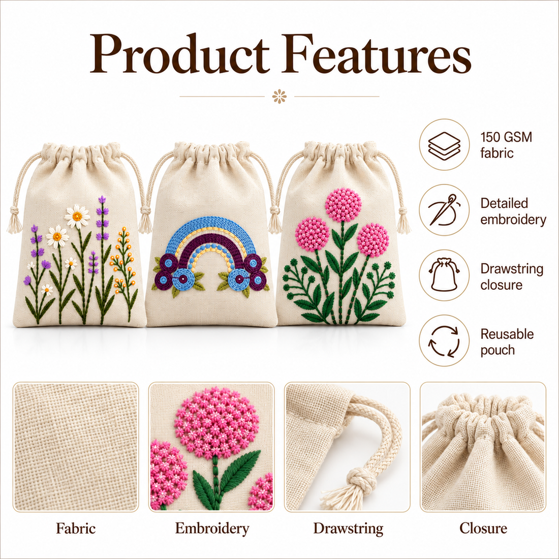 Embroidered Drawstring Pouch Sample Kit-2 | 150 GSM