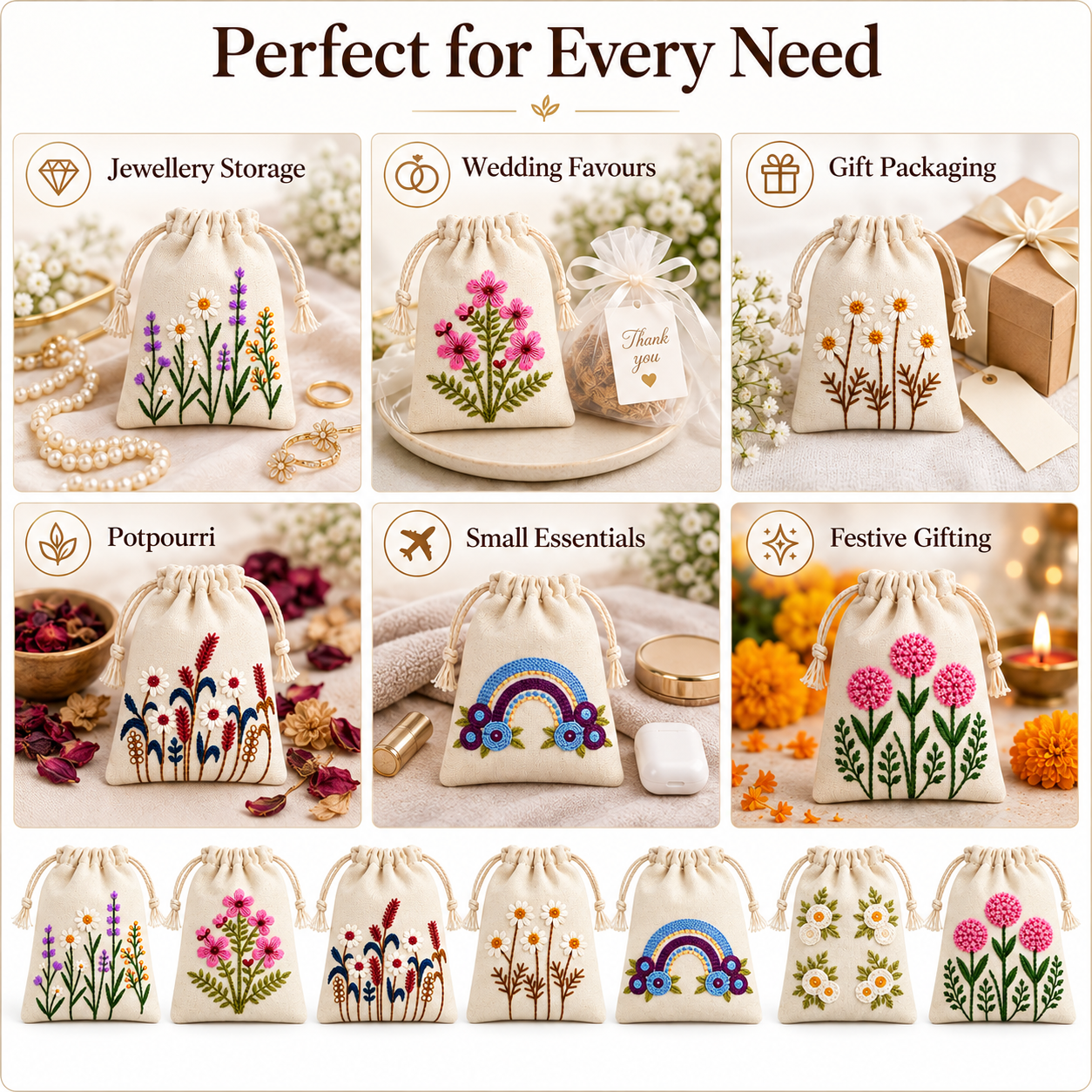 Embroidered Drawstring Pouch Sample Kit-2 | 150 GSM
