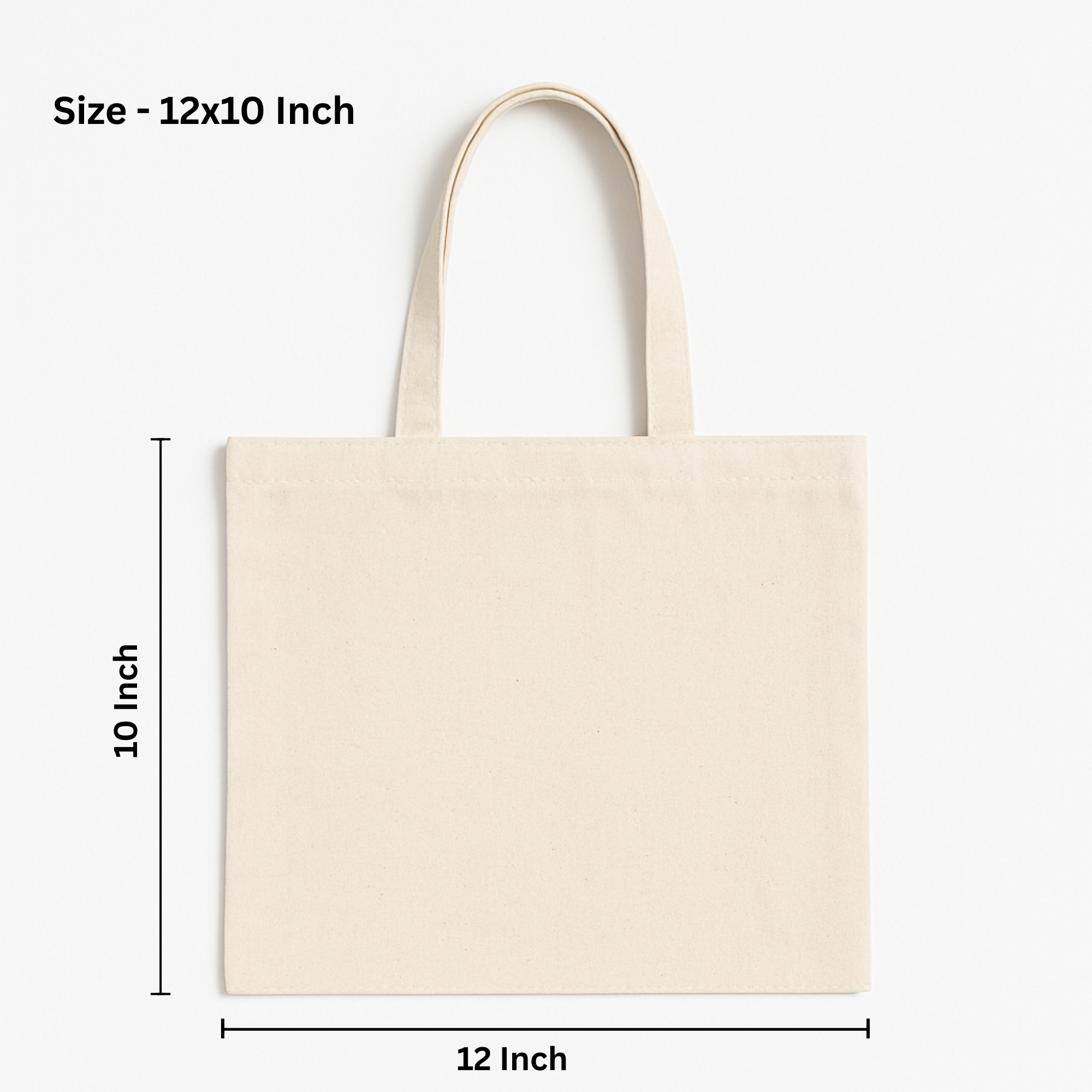 Beige tote bag with dimensions labeled on a white background