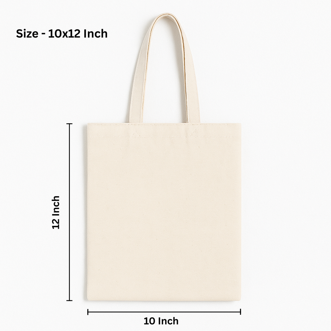 Beige tote bag with dimensions labeled on a white background