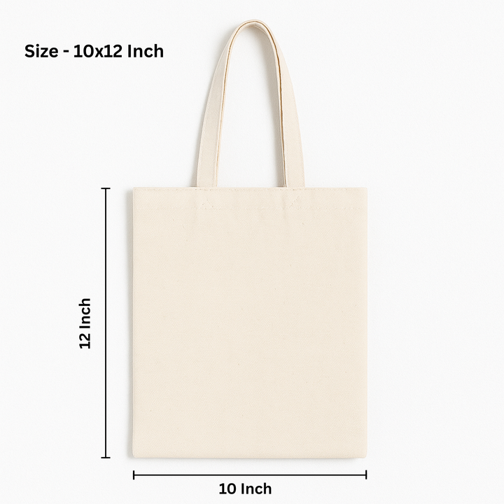 Beige tote bag with dimensions labeled on a white background