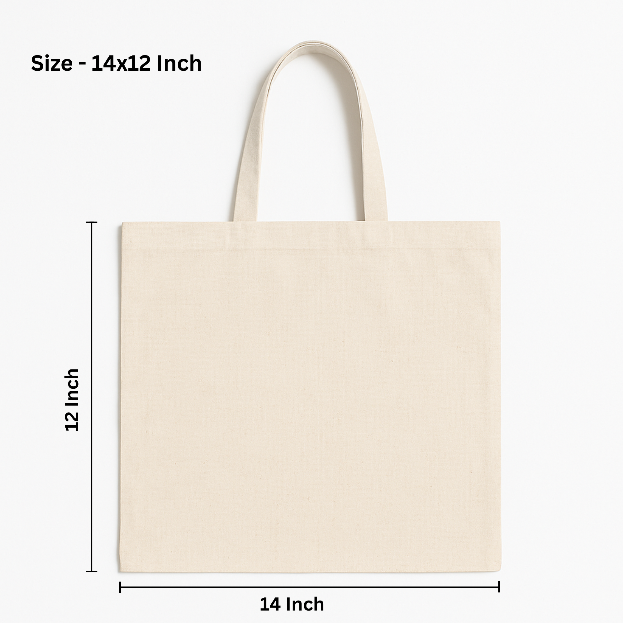Beige tote bag with dimensions labeled on a white background
