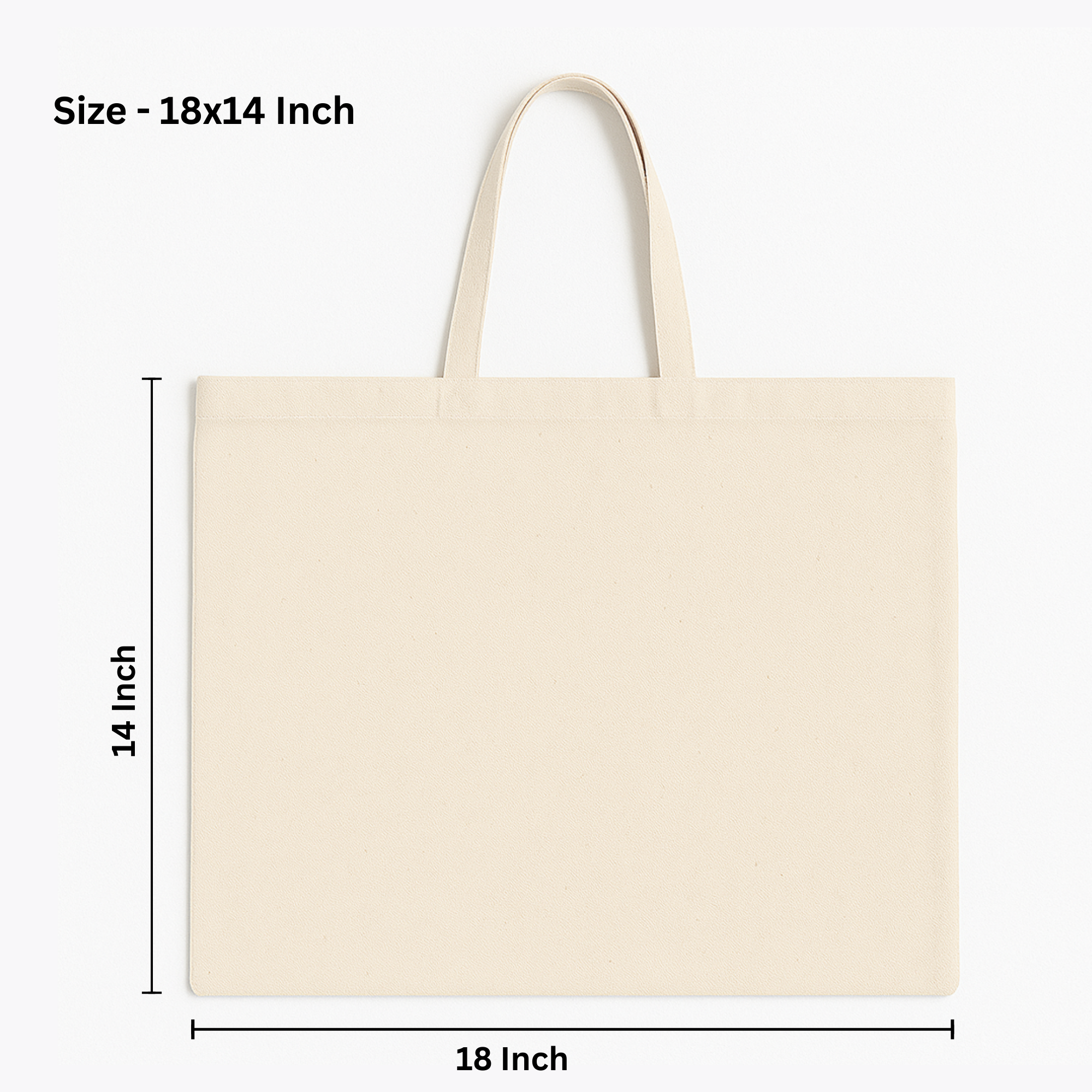 Beige tote bag with dimensions labeled on a white background