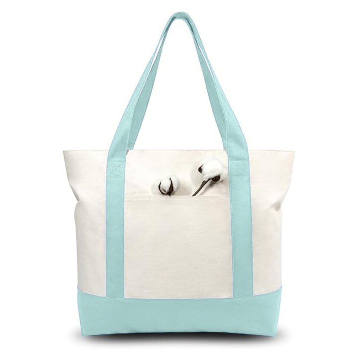 Sky Blue and White Large Canvas Tote Bag | (19" x 15" x 6")