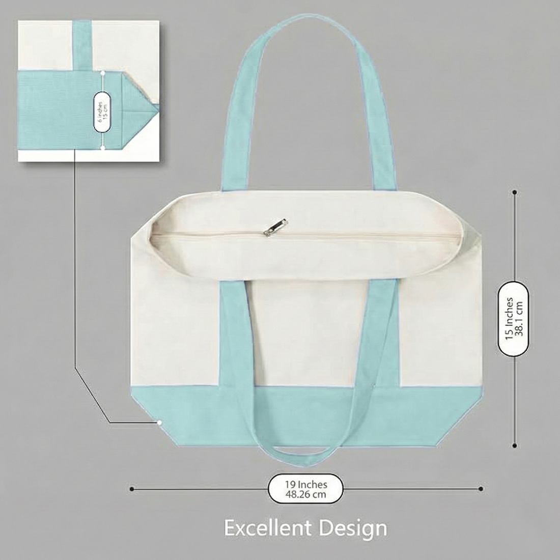Sky Blue and Beige Large Canvas Tote Bag | 19" x 15" x 6"
