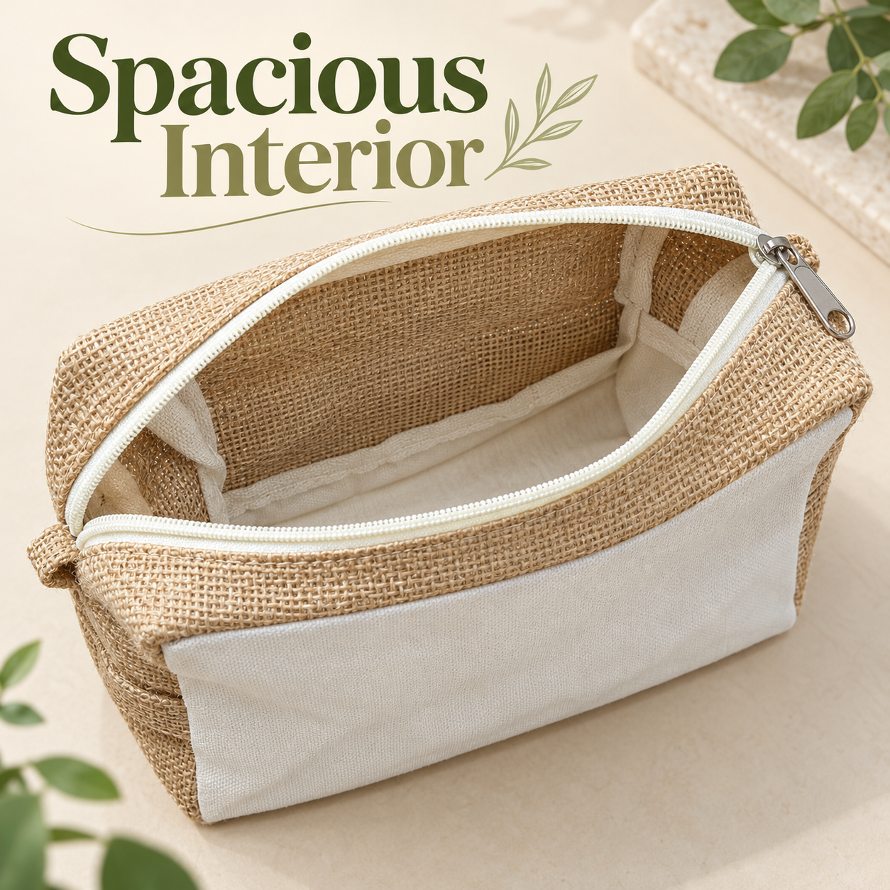8x5x3 Plain Natural Jute & Canvas Boxy Zipper Pouch