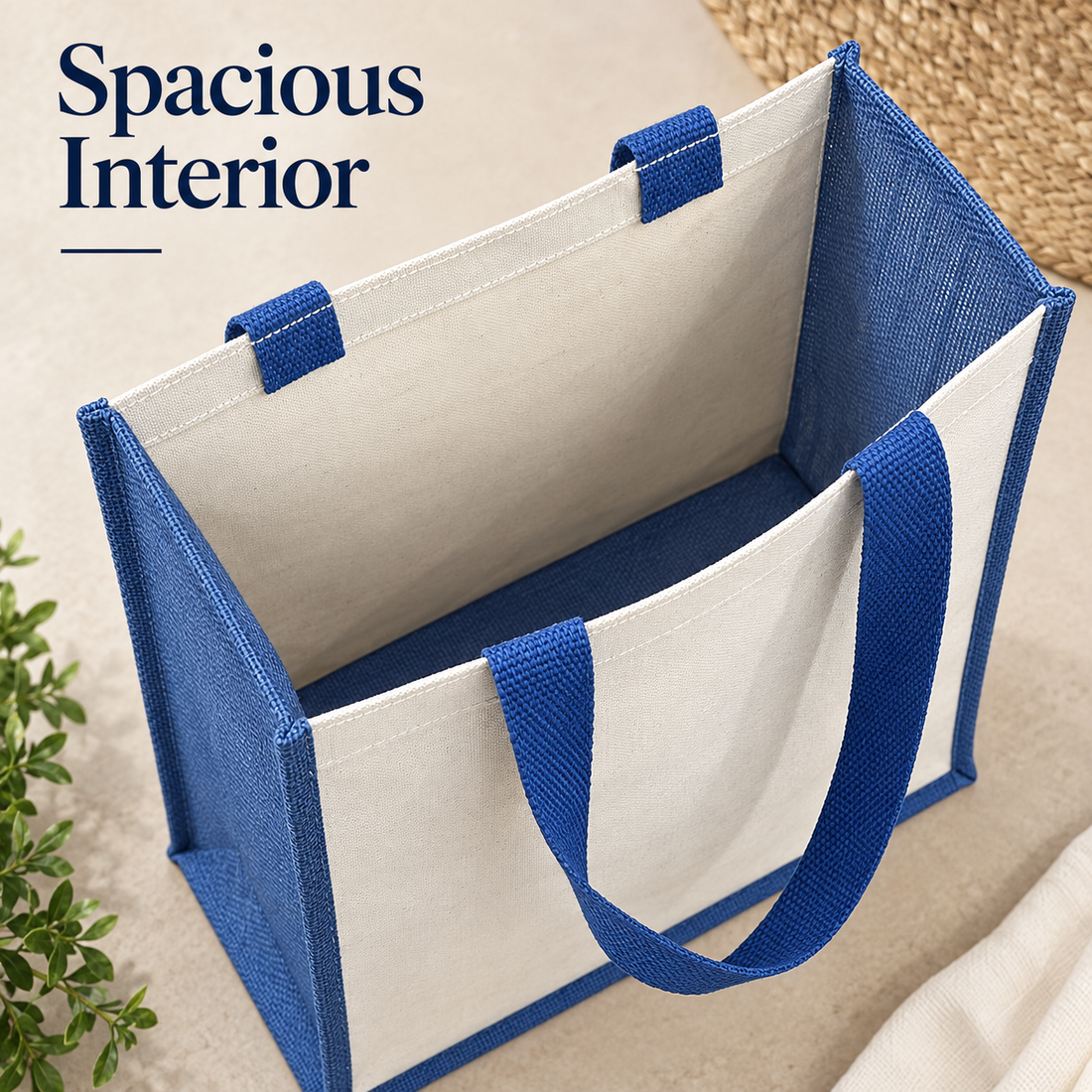 Plain 12x15.5x5.5 Blue Laminated Jute & Canvas Tote Bag