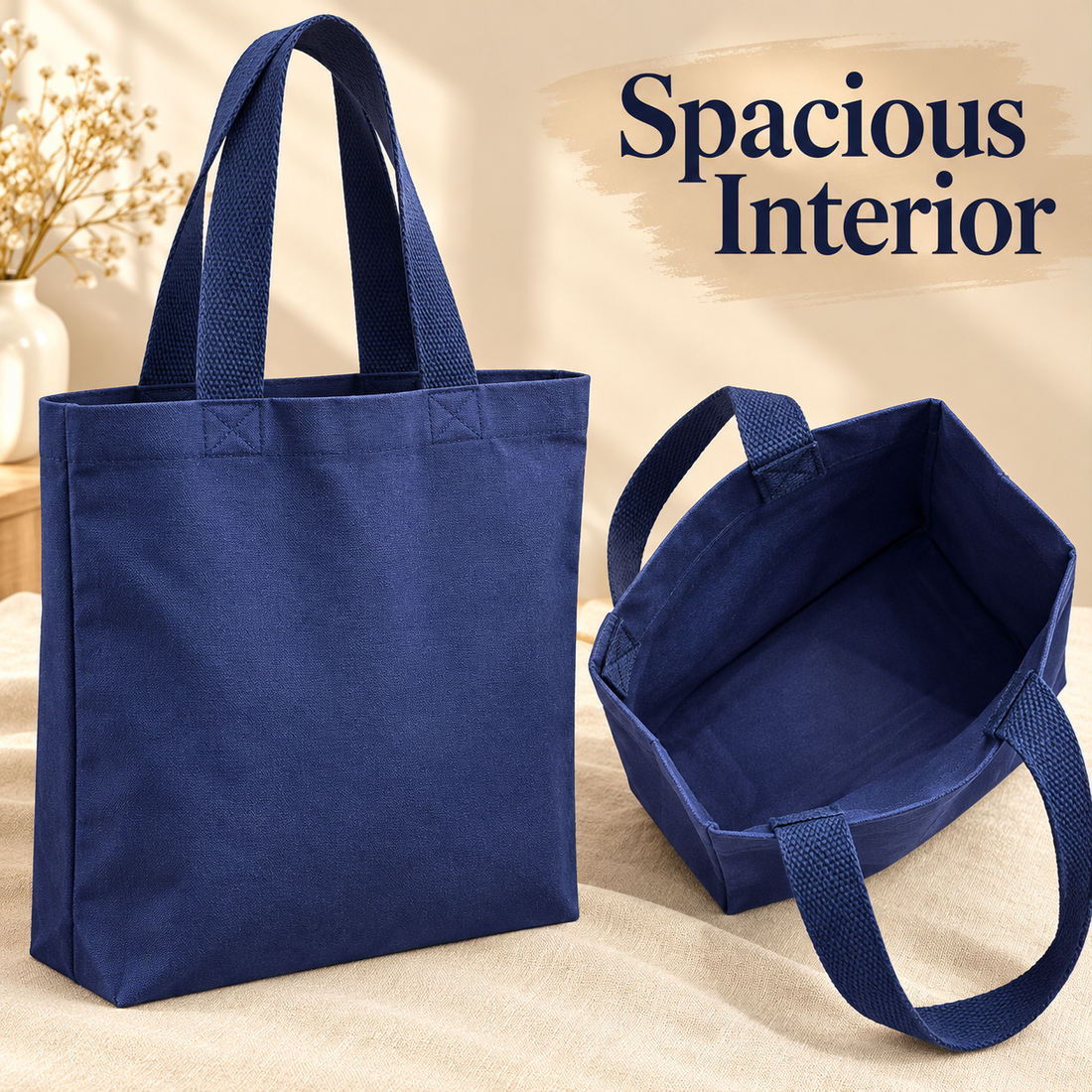 Plain 15x15.5x4 Navy Blue Gusseted Cotton Tote Bag | 235 GSM