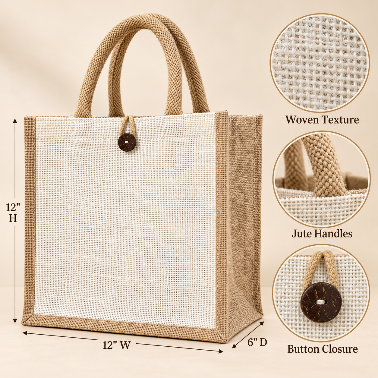Plain 12x12x6 Natural Laminated Jute Gift Bag with Button Closure
