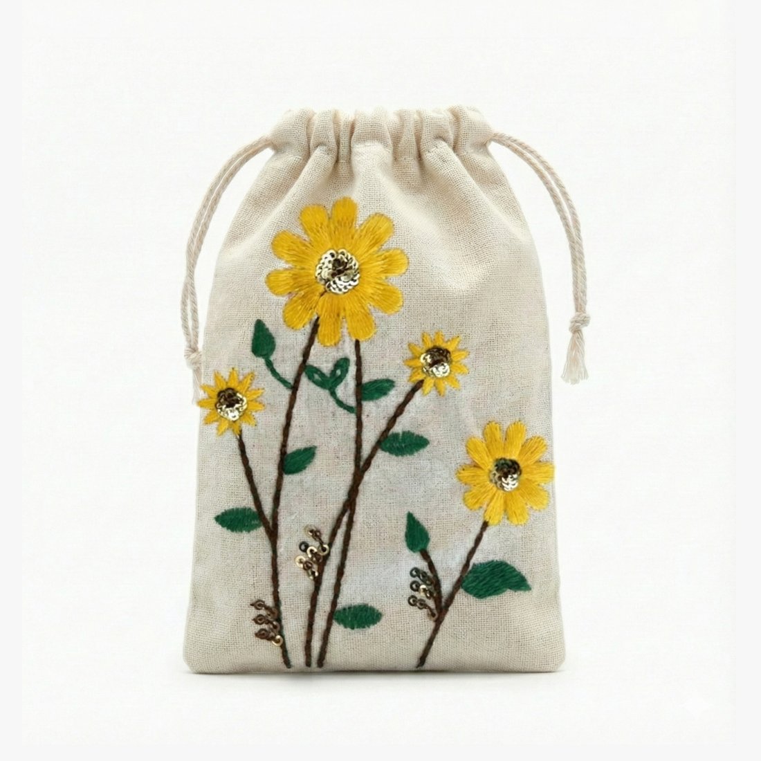 Sunflower Embroidered Cotton Drawstring Pouch Bag