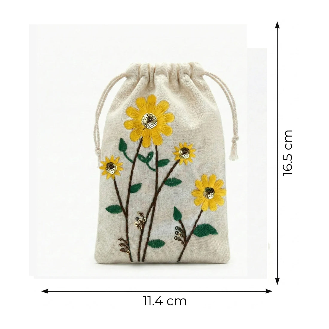 Sunflower Embroidered Cotton Drawstring Pouch Bag