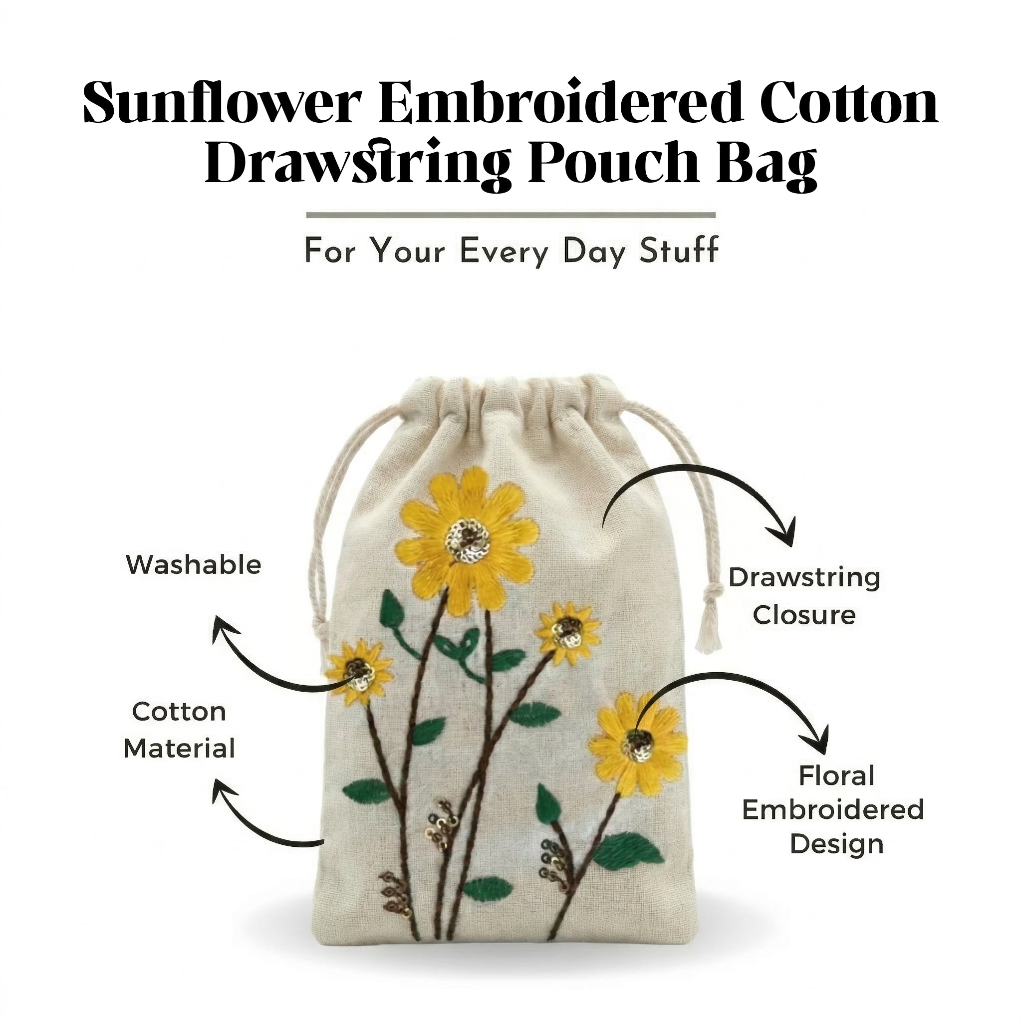 Sunflower Embroidered Cotton Drawstring Pouch Bag
