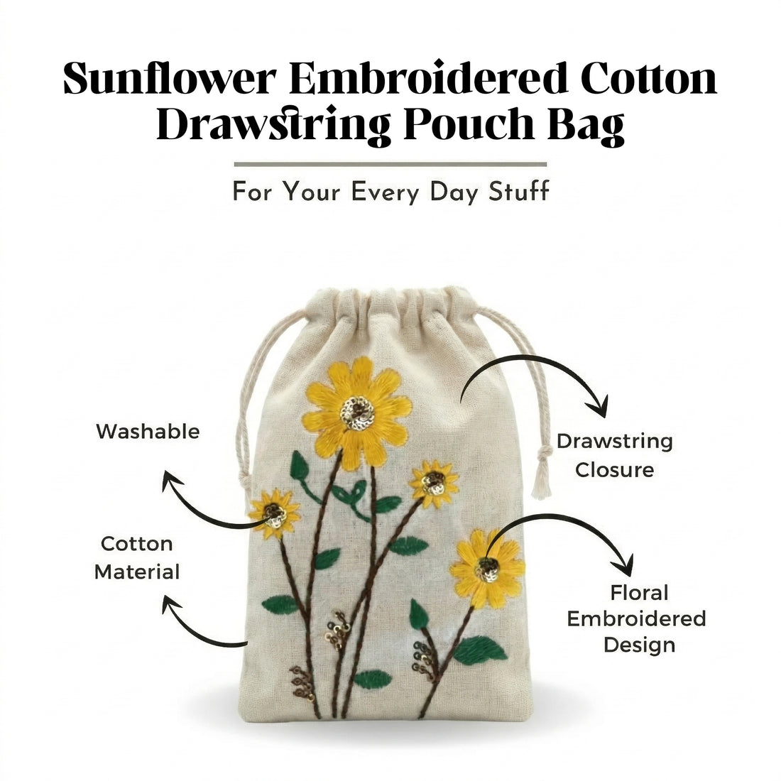 Sunflower Embroidered Cotton Drawstring Pouch Bag