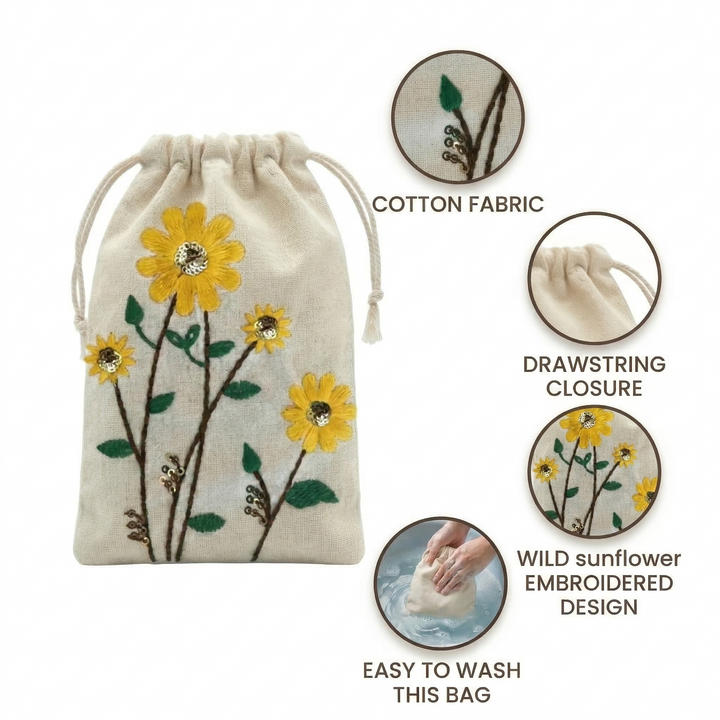 Sunflower Embroidered Cotton Drawstring Pouch Bag