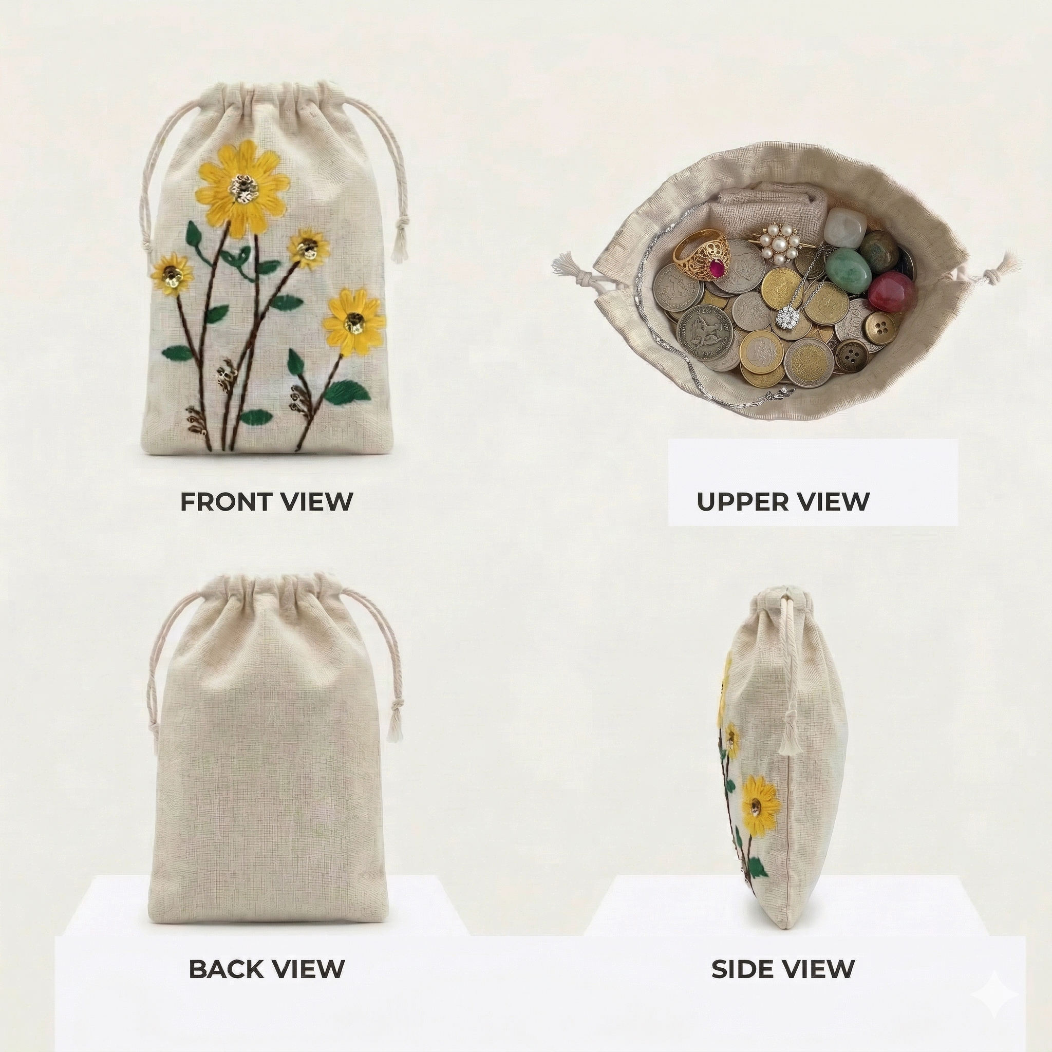 Sunflower Embroidered Cotton Drawstring Pouch Bag