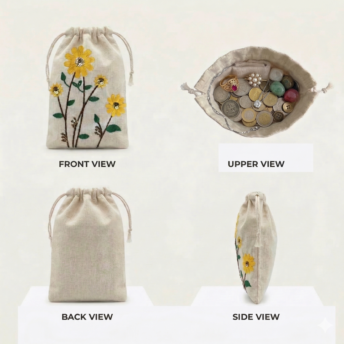 Sunflower Embroidered Cotton Drawstring Pouch Bag