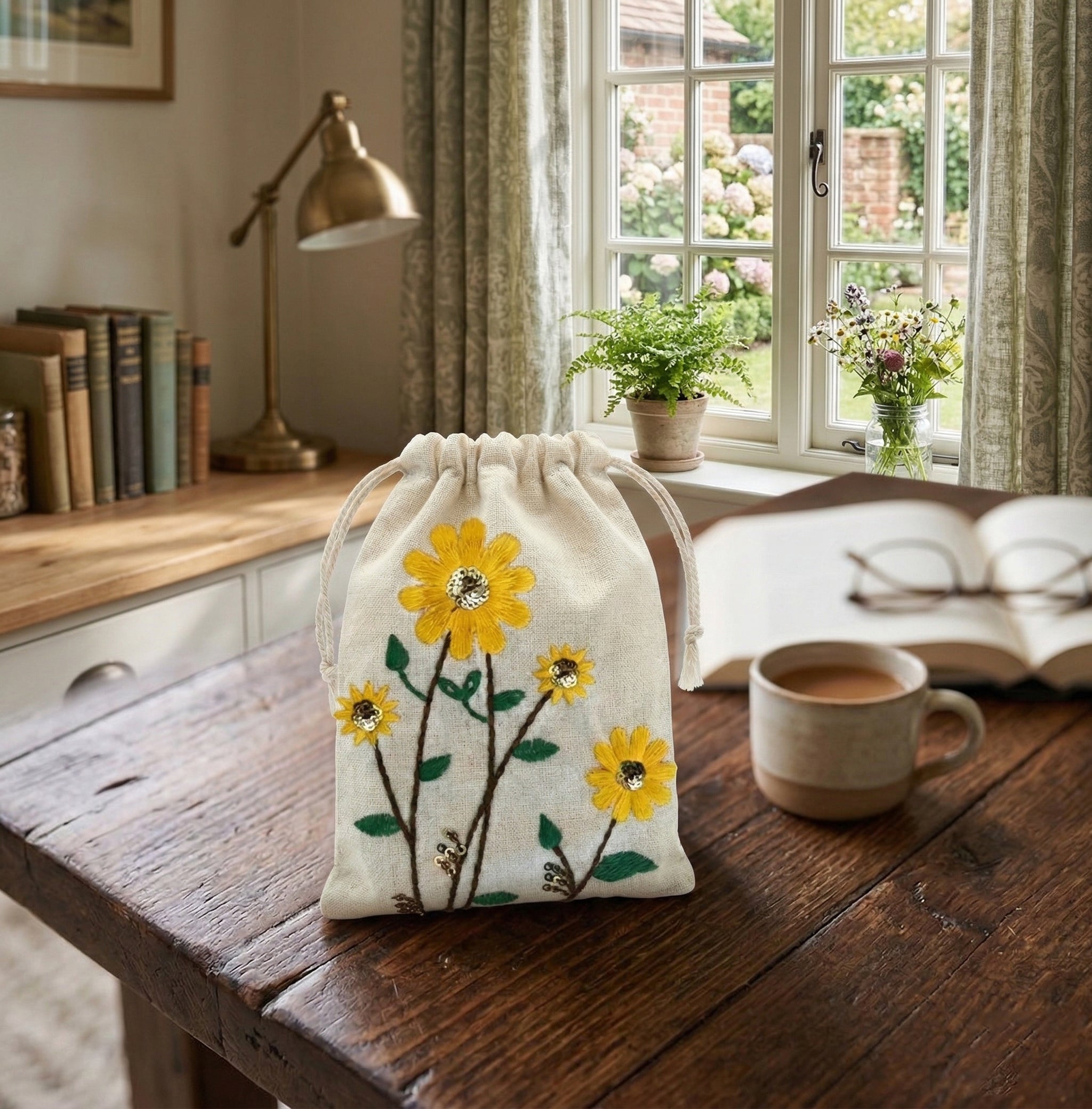 Sunflower Embroidered Cotton Drawstring Pouch Bag