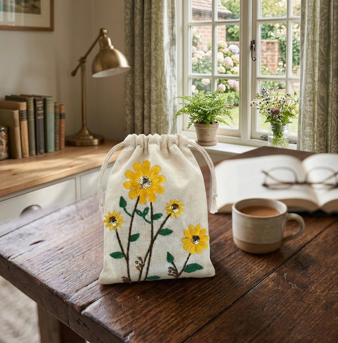 Sunflower Embroidered Cotton Drawstring Pouch Bag