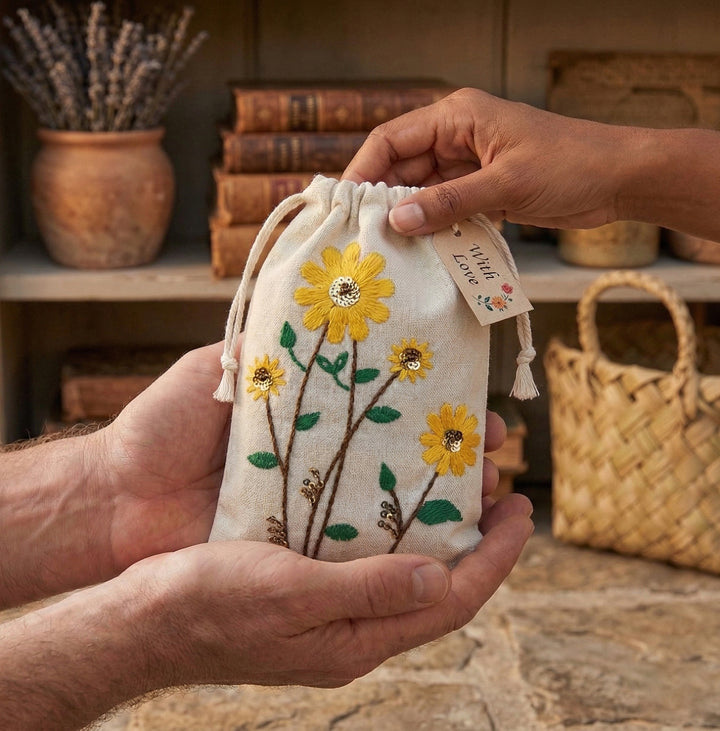 Sunflower Embroidered Cotton Drawstring Pouch