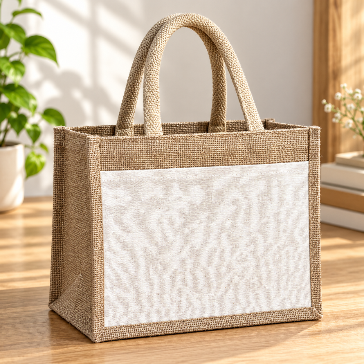 Plain 10x8.5x5.5 Natural Small Jute & Canvas Hamper Bag with Canvas Front Pocket