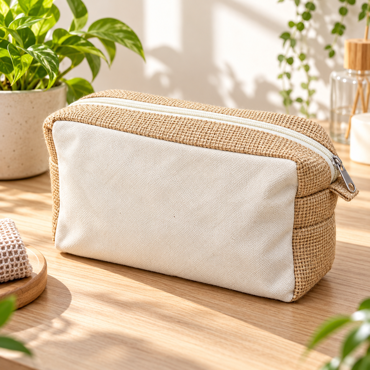 8x5x3 Plain Natural Jute & Canvas Boxy Zipper Pouch