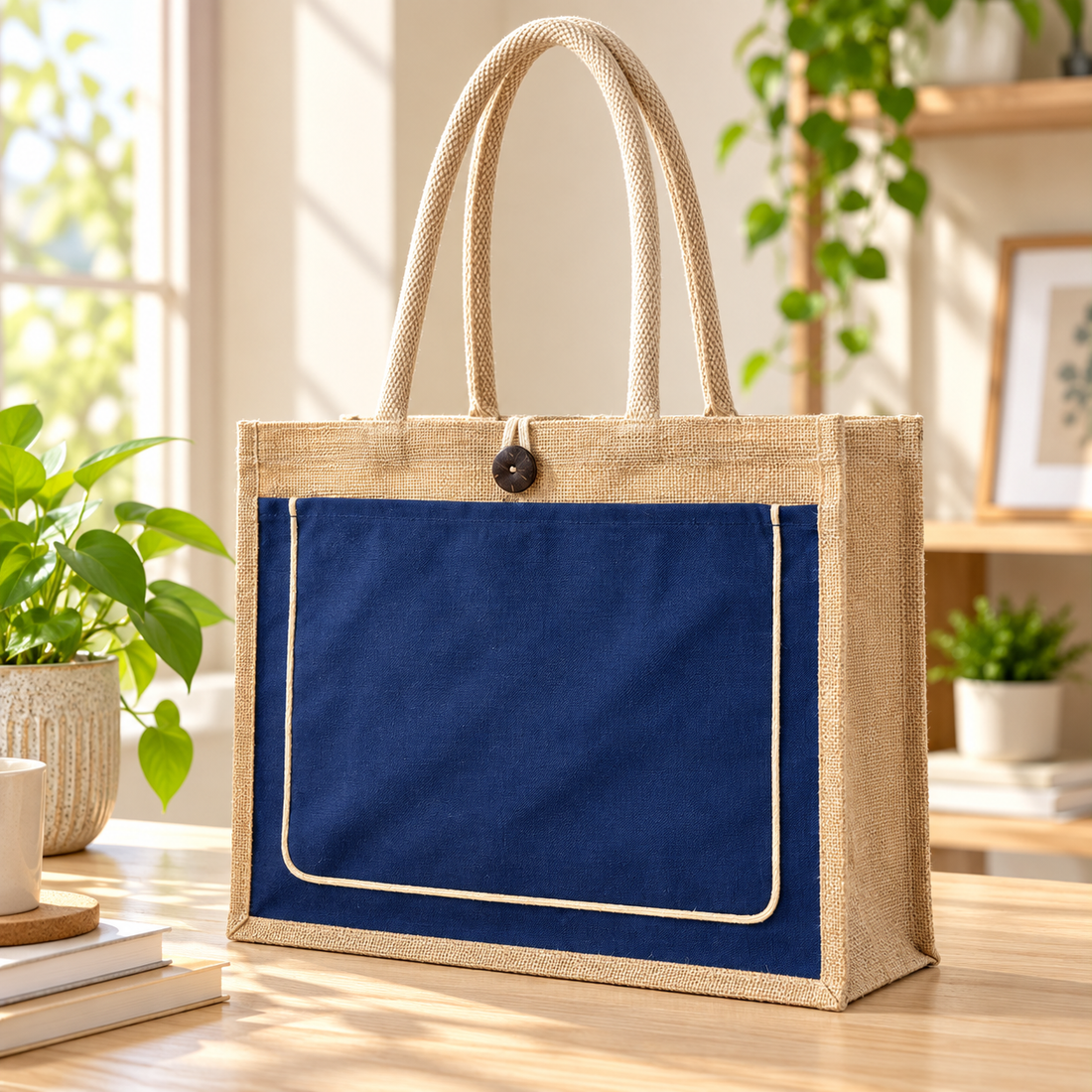 Plain 17x13x6 Royal Blue & Natural Jute Tote Bag with Piped Canvas Front Pocket