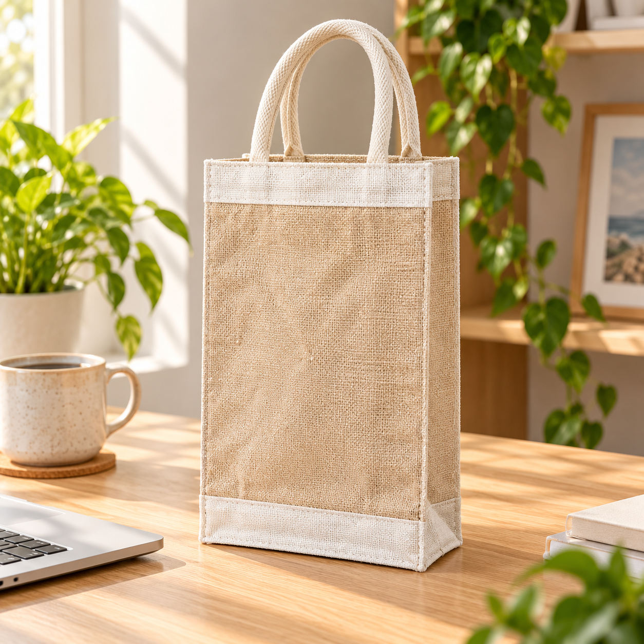 Plain 13x15.5x4.5 Natural Tall Juco & Canvas Tote Bag with Rope Handles