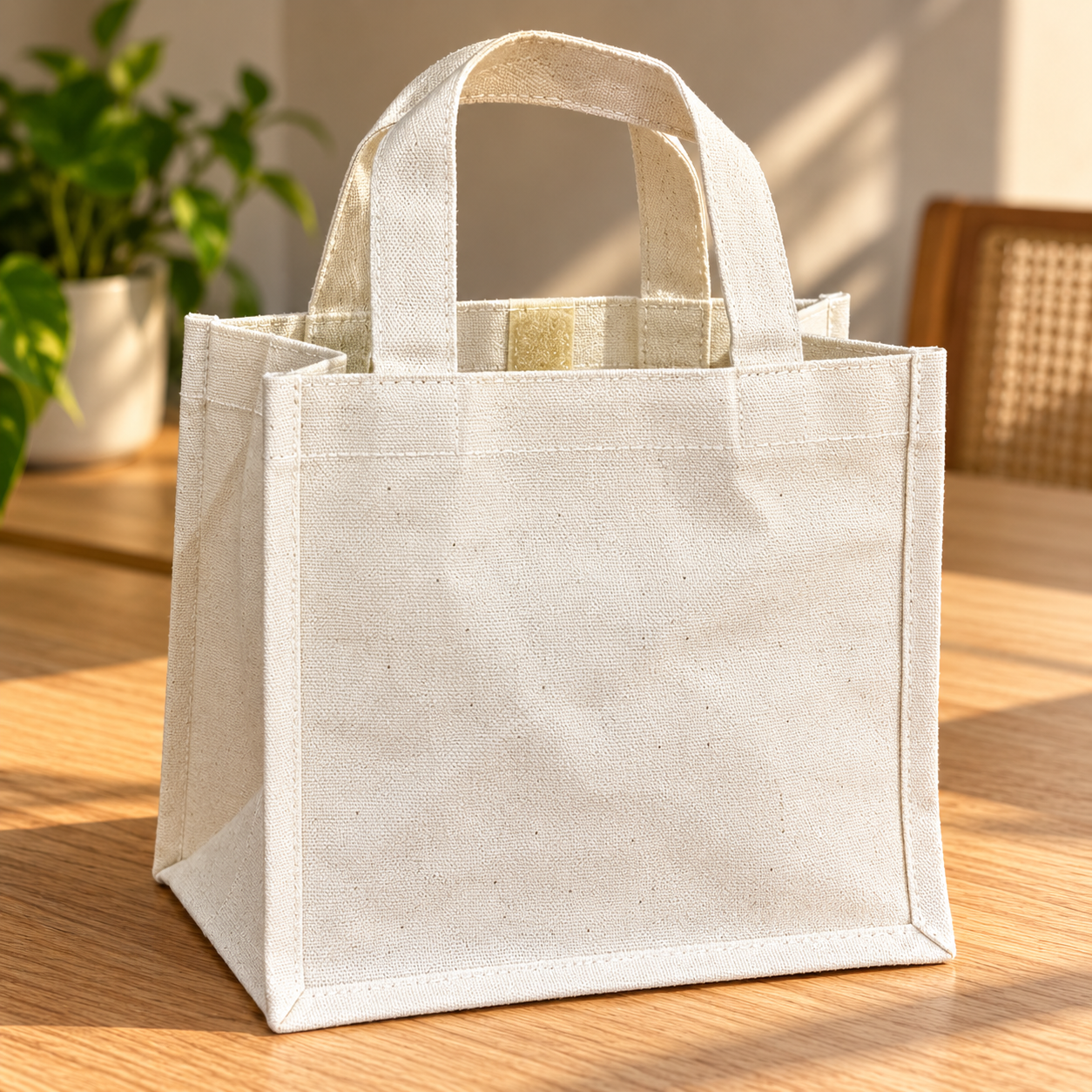 Plain 9x8.5x5.5 Natural Mini Cotton Canvas Box Tote | 220 GSM