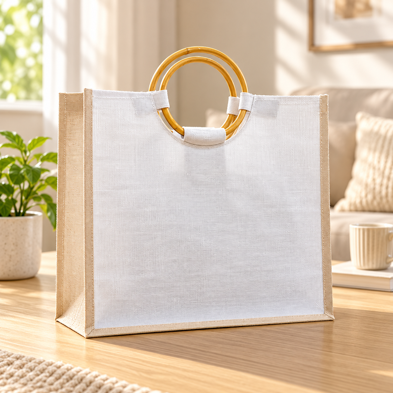 Plain 16x13x6 Natural Laminated Juco Bag with Cane Handles
