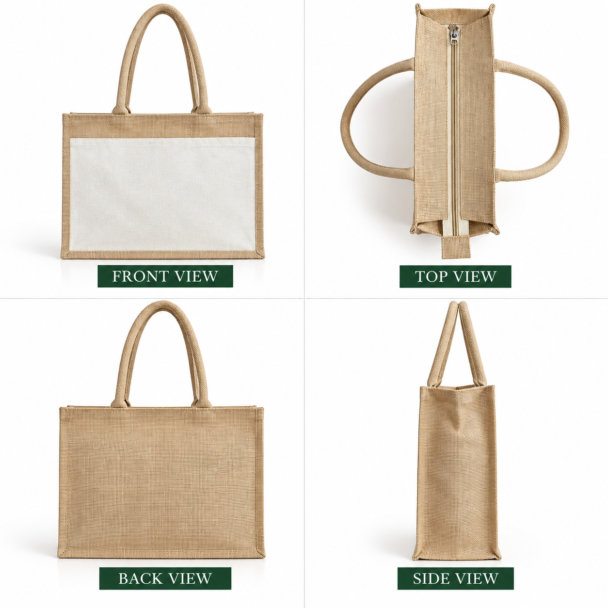 Plain 17x13x6 Natural Jute & Canvas Zipper Shopping Bag with Canvas Front Pocket