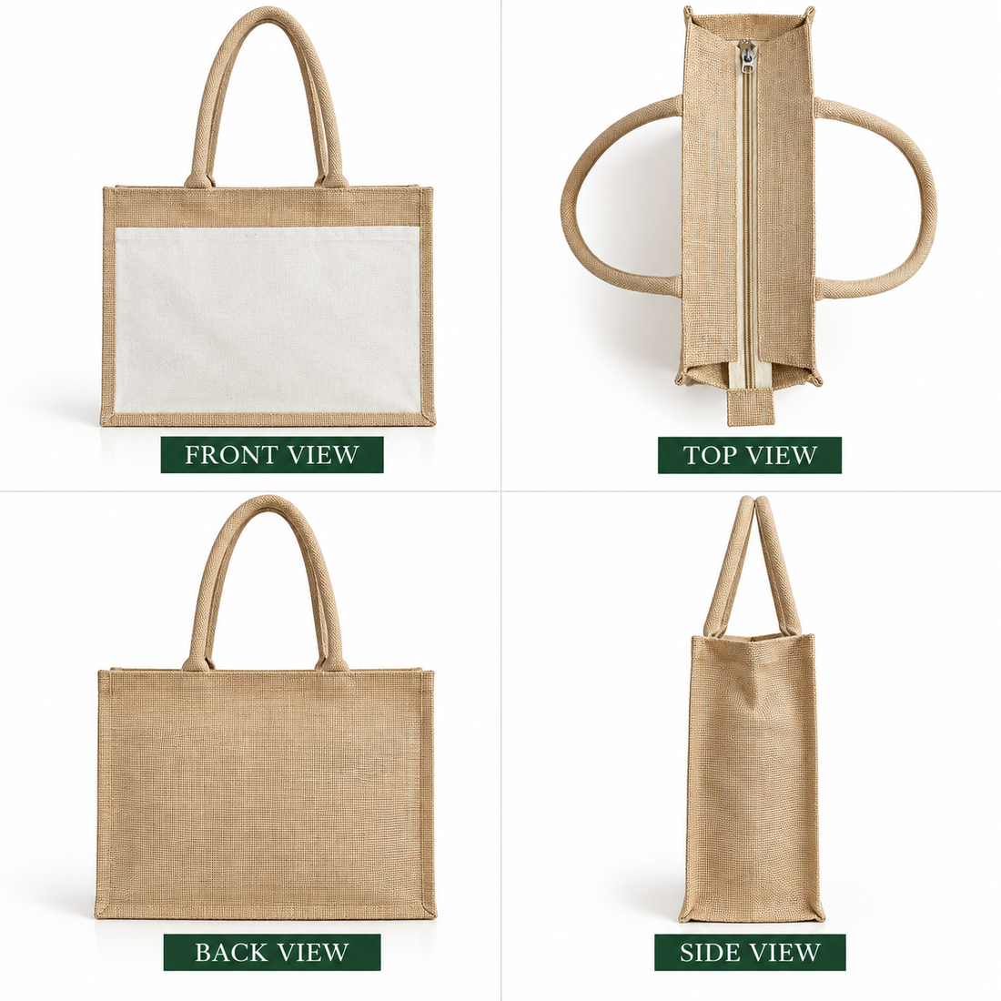 Plain 17x13x6 Natural Jute & Canvas Zipper Shopping Bag with Canvas Front Pocket