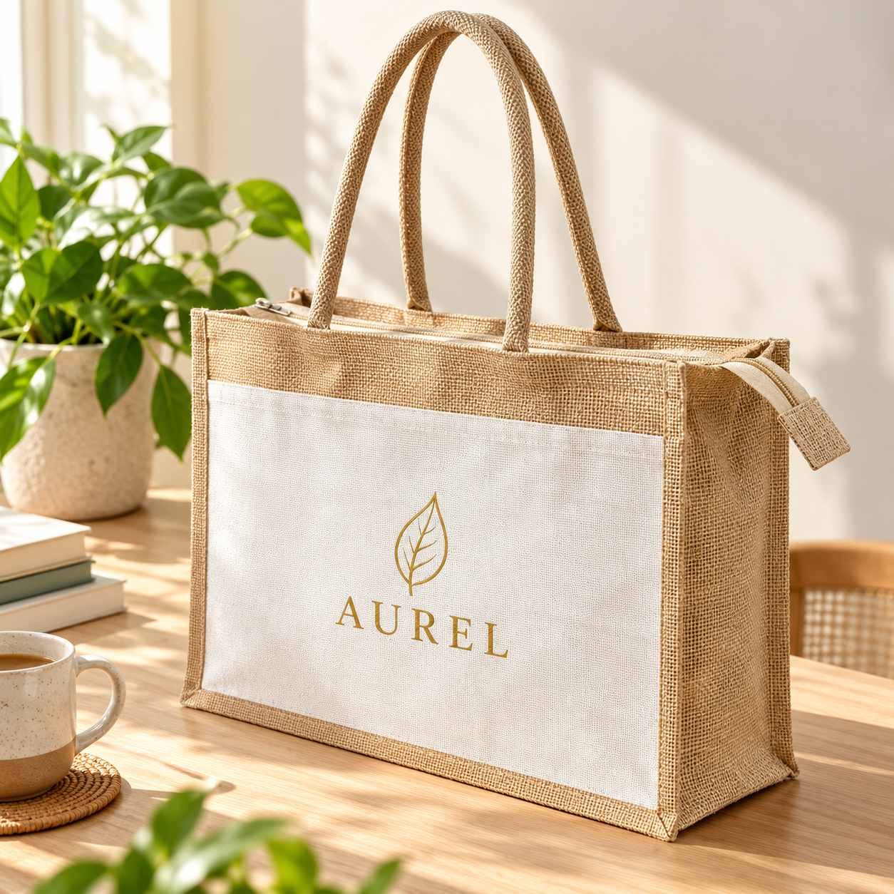 17x13x6 Natural Jute & Canvas Zipper Shopping Bag with Canvas Front Pocket