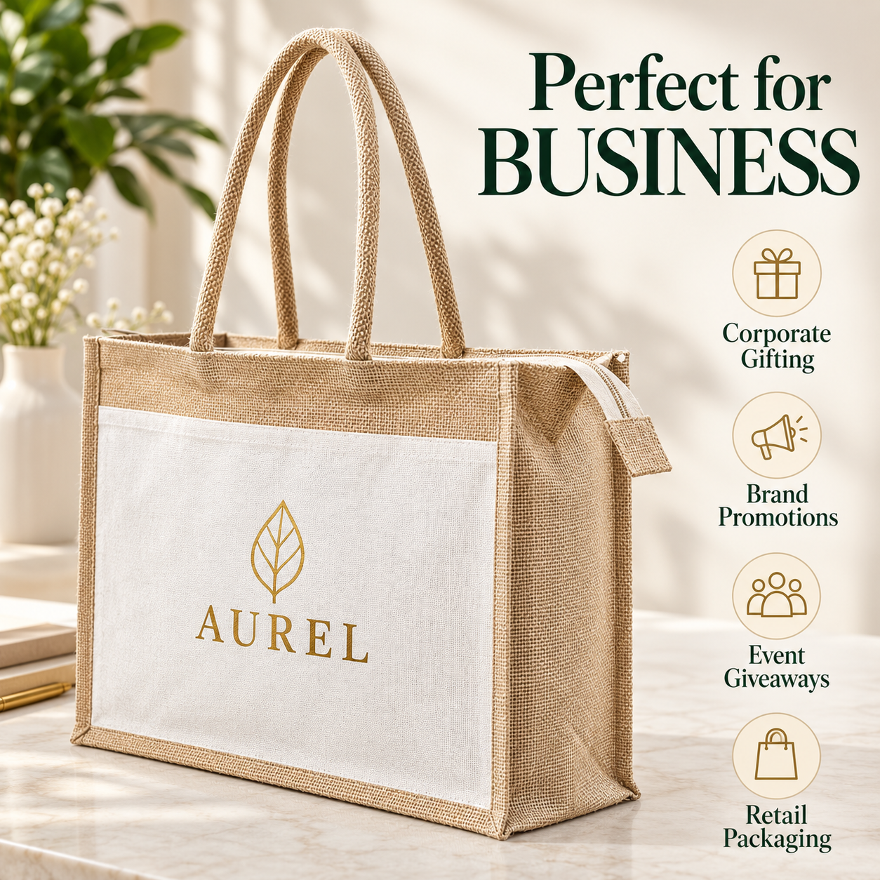 17x13x6 Natural Jute & Canvas Zipper Shopping Bag with Canvas Front Pocket