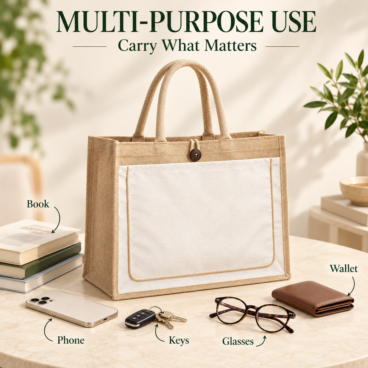 Plain 17x13x6 Ivory & Natural Jute Tote Bag with Piped Canvas Front Pocket
