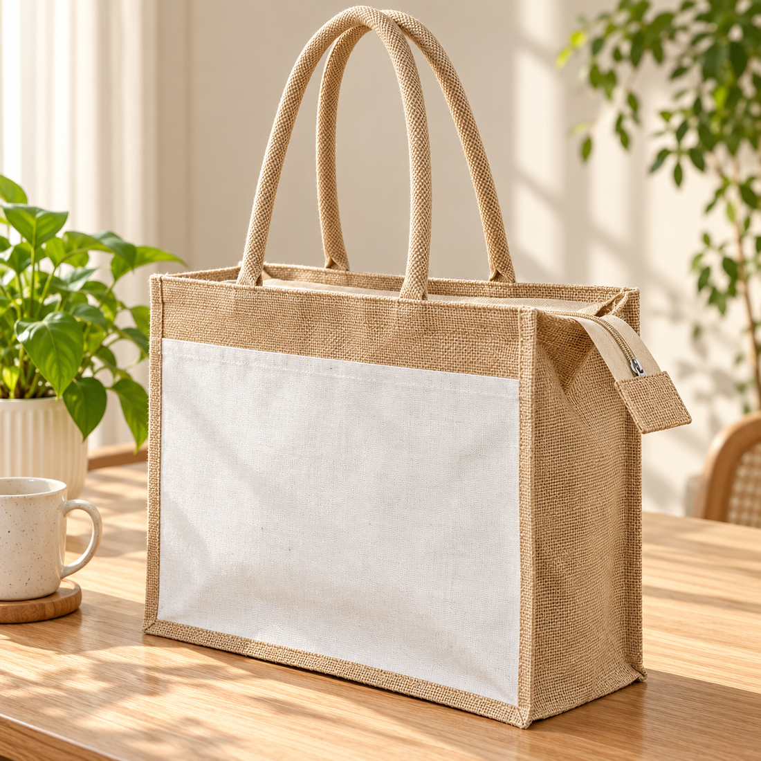 Plain 17x13x6 Natural Jute & Canvas Zipper Shopping Bag with Canvas Front Pocket