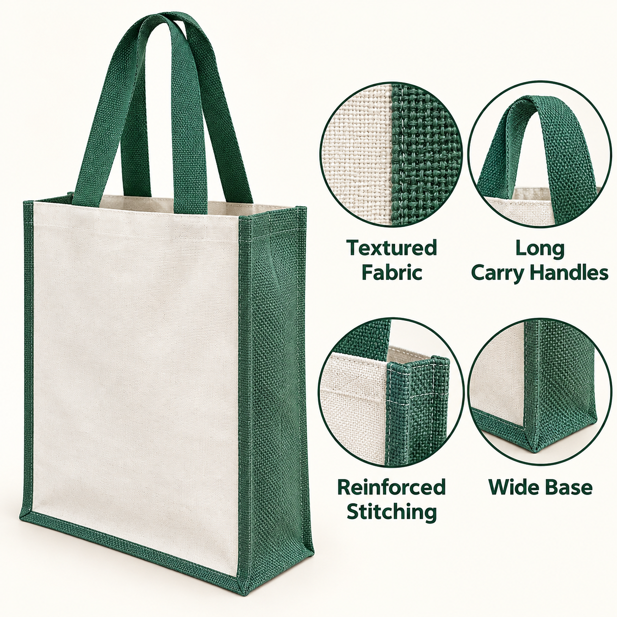Plain 12x15.5x5.5 Green Laminated Jute & Canvas Tote Bag
