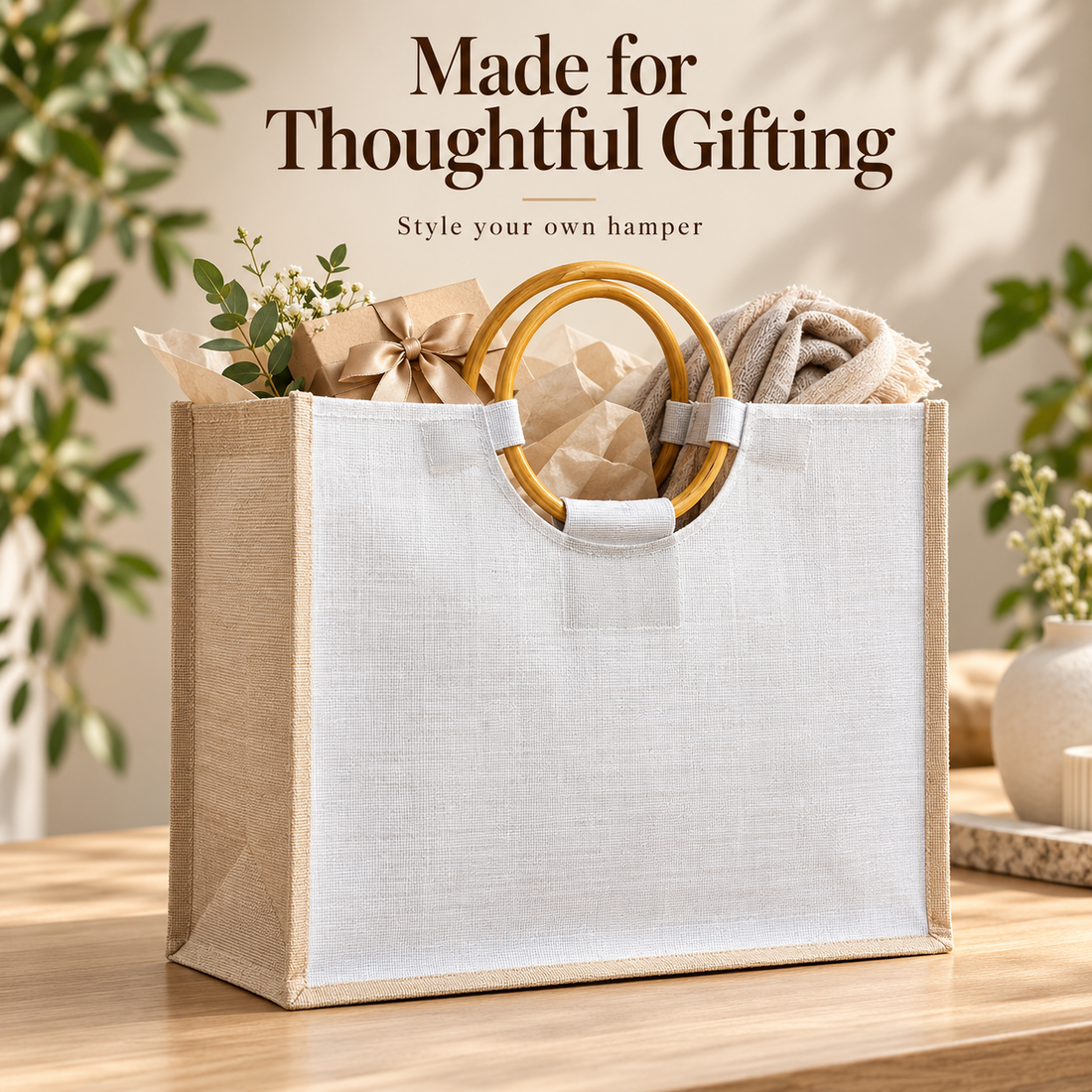 Plain 16x13x6 Natural Laminated Juco Bag with Cane Handles