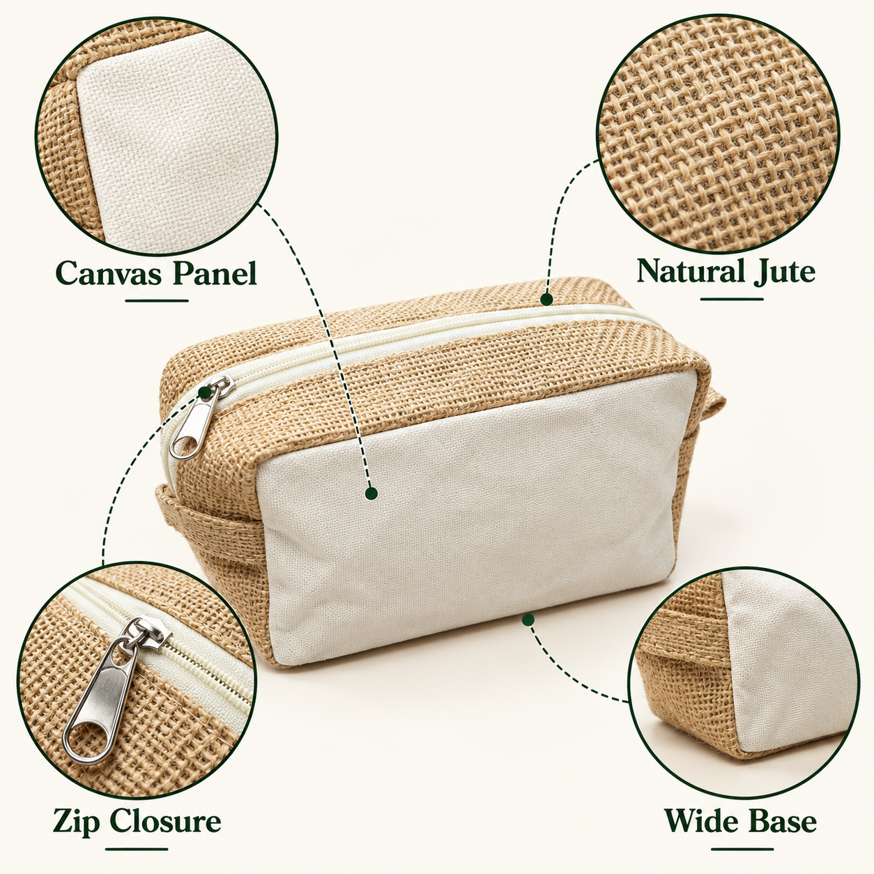 8x5x3 Plain Natural Jute & Canvas Boxy Zipper Pouch