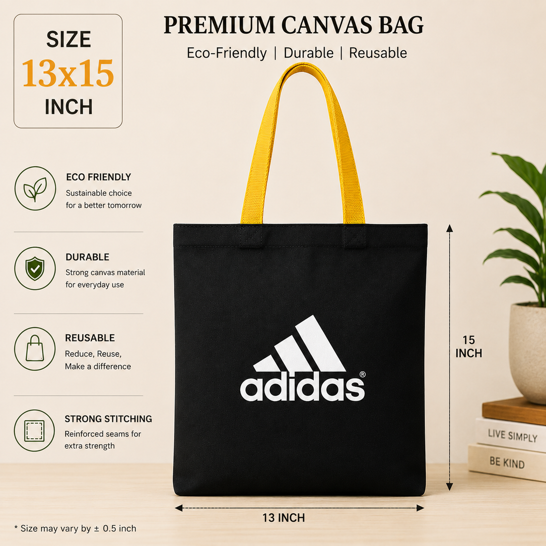 Custom 13"x15" Plain Black and Yellow Tote Bag | 330 GSM