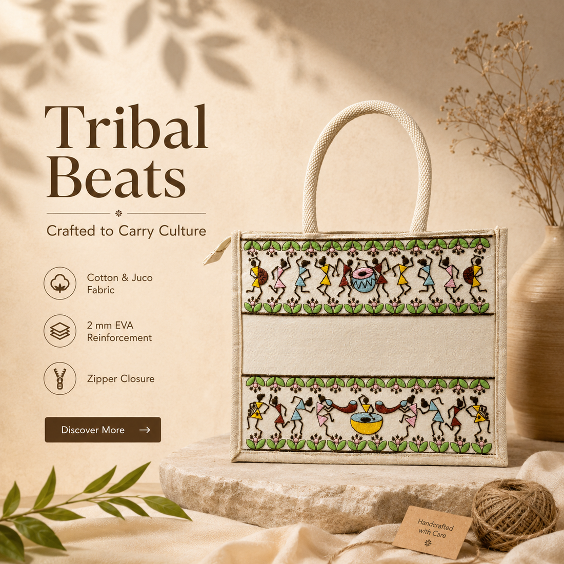 Plain Tribal Beats Warli Hamper Bag - Beige