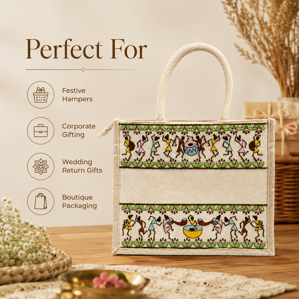 Plain Tribal Beats Warli Hamper Bag - Beige